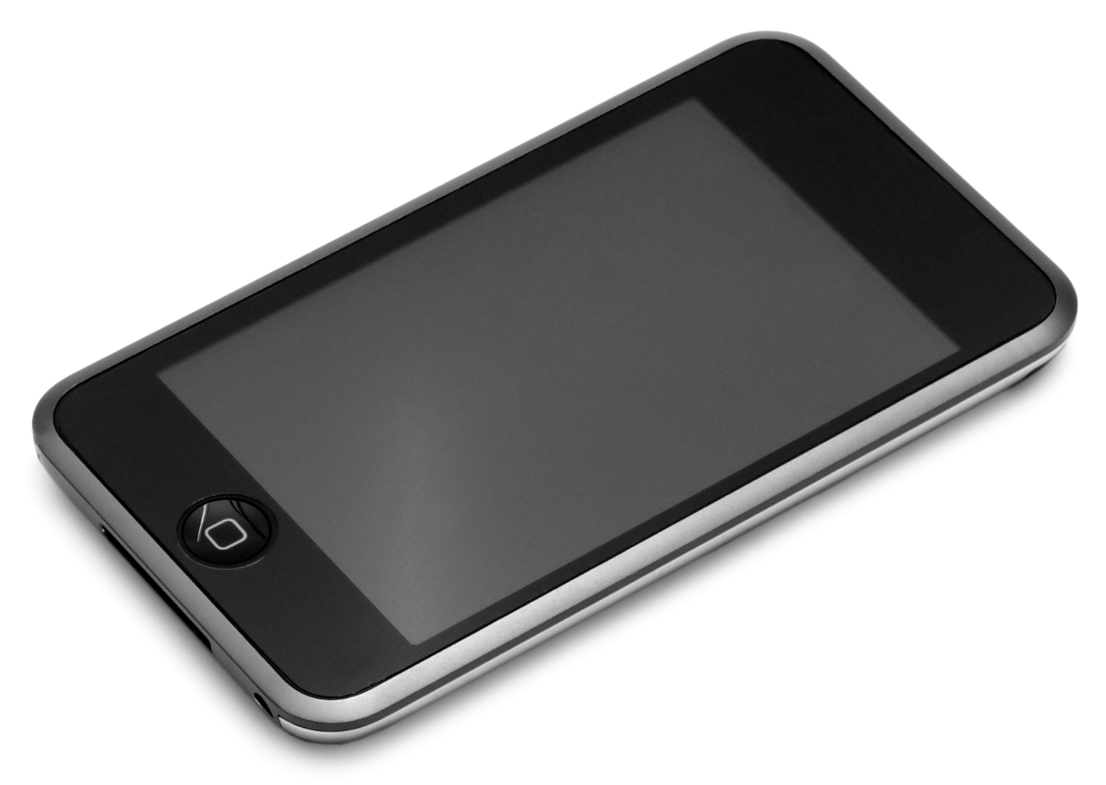 흰 배경에 놓인 iPod touch 1세대의 검은 전면과 은색 가장자리